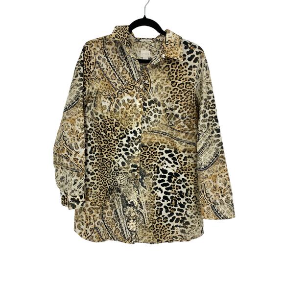 Chicos Blouse Womens Size 1 US M Animal Print No Iron Buttondown Long Sleeve - Picture 1 of 5